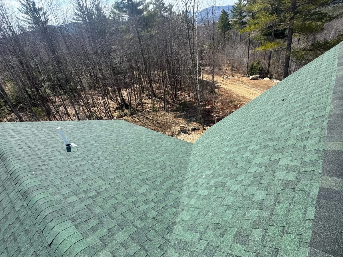 Green shingle roof valley with mountain views